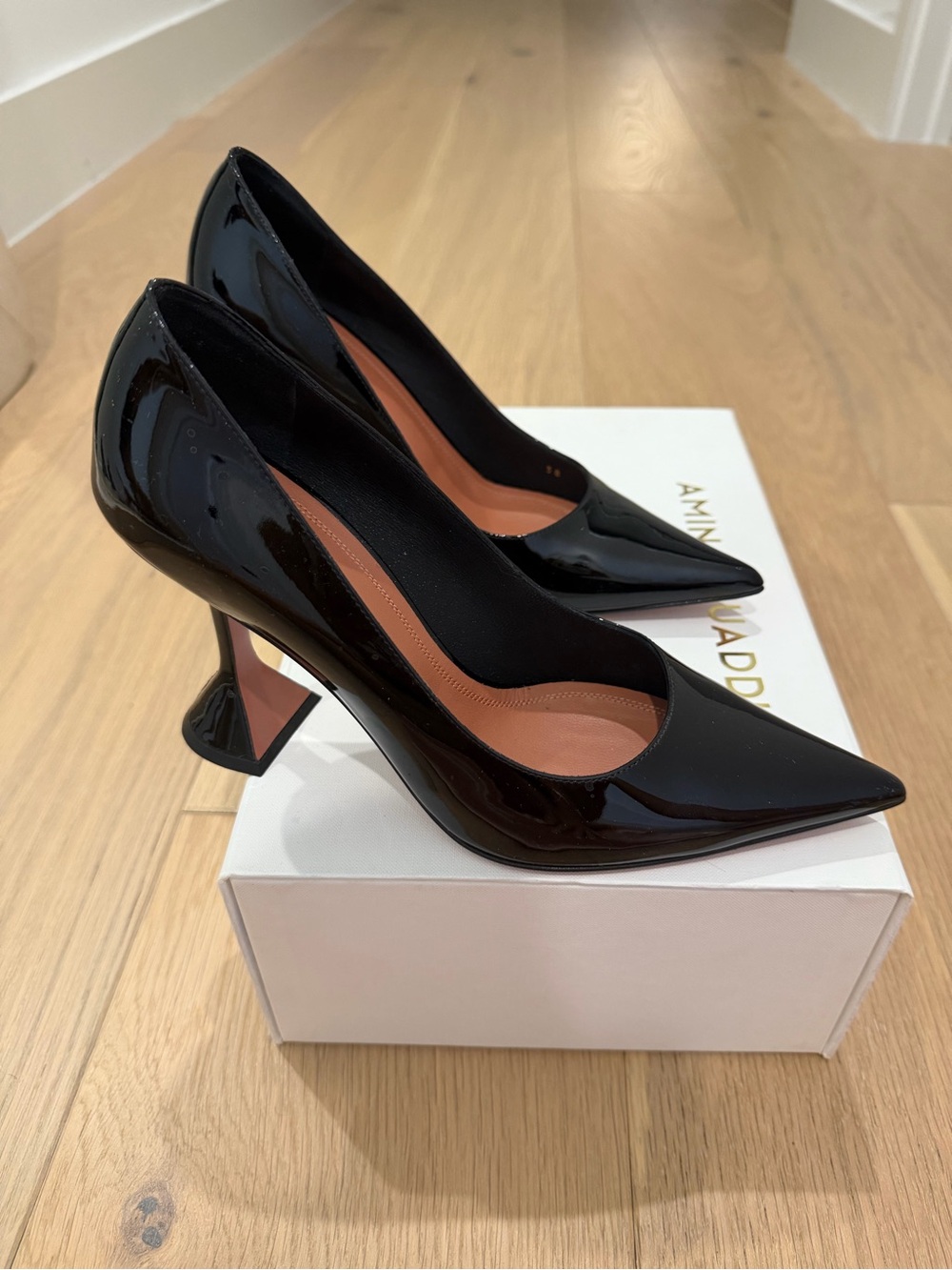 Amina Muaddi Ami Black Patent Leather Pumps (size 38)